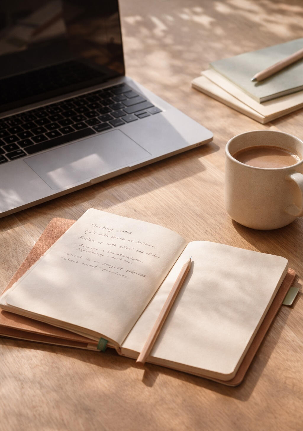 Desk with coffee and notebook
